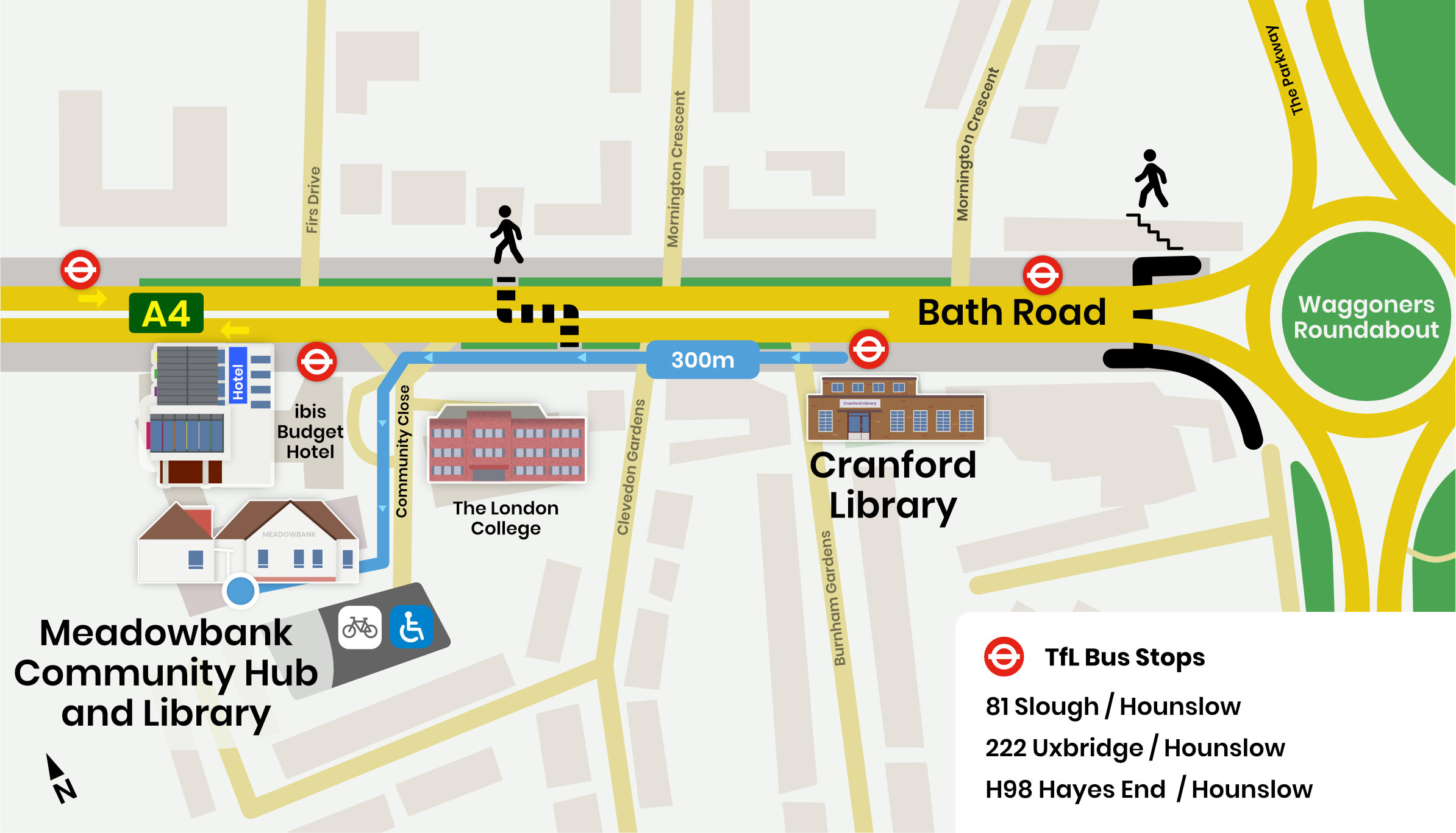 Map of Meadowbank Community Hub and Library in relation to Cranford Library