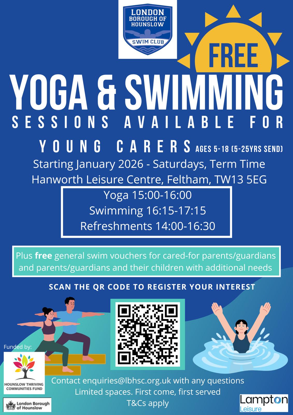 Image depicting free swimming, yoga and refreshments that are being offered on our Young Carer's programme
